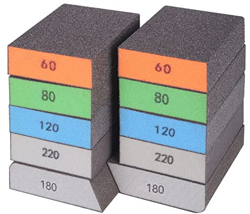 BOSHCRAFT Sanding Blocks for Wood, 10 Pack Washable and Reusable Sanding Sponges Coarse/Medium/Fine/Superfine in 60/80/120/220 Grit Assortment Sand Sponges for Wood Metal Glasses Sanding