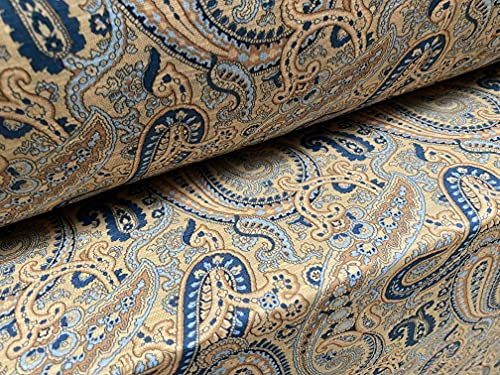 Slub Single Jersey Stoff, Meterware – Paisley Print – Blau & Gold