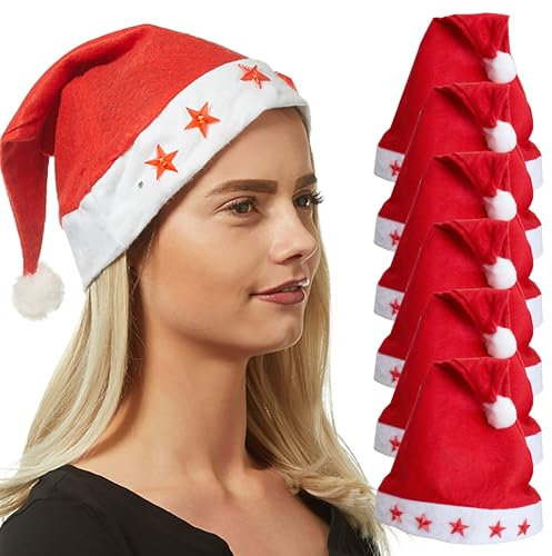 Annastore 6 x Weihnachtsmütze mit blinkenden Sternen Nikolausmütze leuchtend mit verschiedenen Leucht-Modis - Blinkende Nikolausmütze