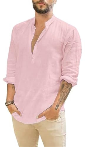 ORANDESIGNE Camicia Henley Estiva da Uomo a Maniche Lunghe Shirt in Lino Maglietta in Lino con Bottoni Camicia Uomo con Collo in Piedi Casual Tinta Unita Magliette Larghe A Rosa XXL