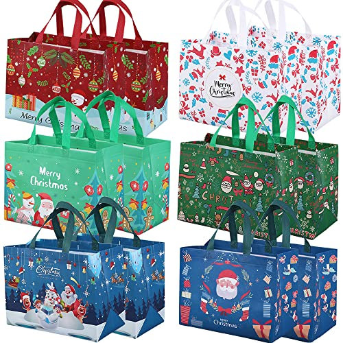 12 Pack Christmas Reusable Grocery Bag,Tote Bag with Handle, Gift Present Bag, Shopping Bag for Holiday Xmas Event Party