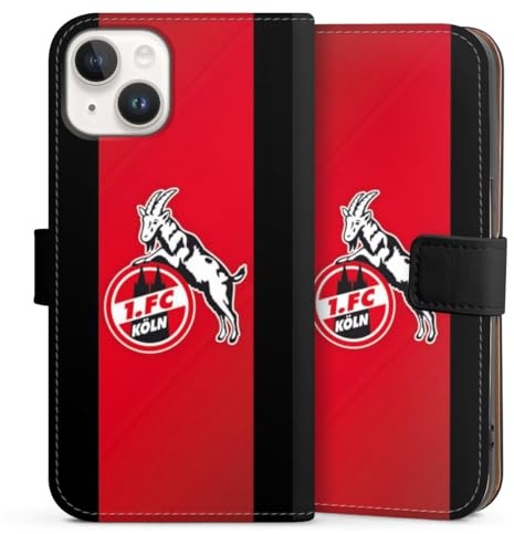 Klapphülle kompatibel mit Apple iPhone 14 Handyhülle aus Kunst Leder schwarz Flip Case 1. FC Köln Offizielles Lizenzprodukt Geißbock Hennes