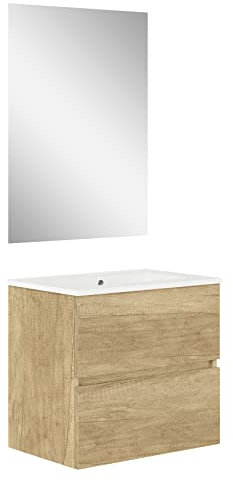 Baikal, Conjunto de baño Natura. Mueble de Baño de Fondo Reducido, con Lavabo cerámico. Distribución Dos Cajones. Mueble MONTADO. Dos Cajones con Espejo. Fondo 39cm 70 cm Nature