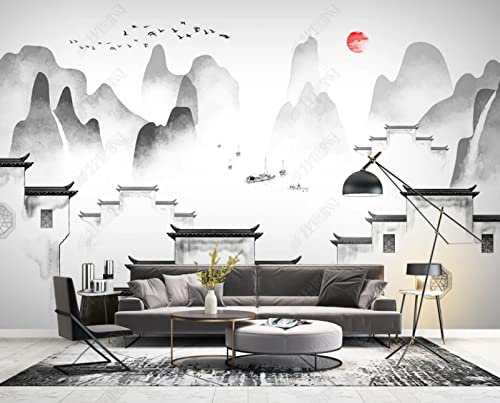 Fototapete 3D Effekt Chinesische Tusche-Landschaftsarchitektur-Vogel-Sonnenaufgang Vliestapete 3D-Tapete Wohnzimmer Schlafzimmer Mauer Tapisserie Schmücken 350Cm(W)*256Cm(H)