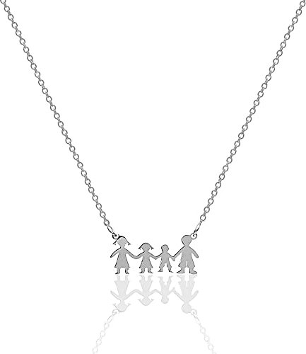 AKA Gioielli® - Familien Halskette für 4 Personen 925 Silber Rhodiniert, Anhänger mit Mutter, Vater, Sohn und Tochter