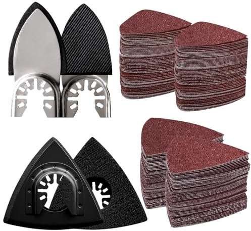 104Pcs Oscillating Tool Detail Sanding Pads Kit, 2Pcs Triangle Sanding Pads and 2Pcs Finger Sanding Pad, 100Pcs Multitool Sandpaper, Grit Fit for Finishing Wood Sanding Plaster
