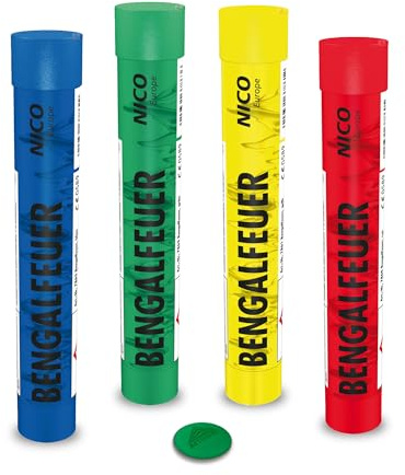 AKTIVHANDEL Bengalfeuer 4 Stück Bengalo Rauchfakel Handfackel | Rot Gelb Grün und Blau, Kat F1 Feuerwerk, inkl. Einkaufswagenchip