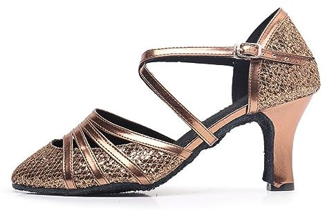 Rosefinch Damen Latein Salsa Tanzschuhe Geschlossene Zehe Mode Tango Cha-Cha Ballroom Performence Tanzschuhe Braun 7cm Absatz 38 EU