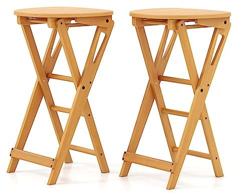 COSTWAY Set di 2 Sgabelli Pieghevoli Alti, Sgabelli Bar in Bambù Leggeri e Portatili con Poggiapiedi e Sedile Ampio, Sgabelli Alti da Bar Penisola Cucina, 36 x 33 x 61 cm