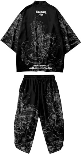 DOSLAVIDA Ensemble de vestes kimono japonaises pour homme - Élégant manteau ouvert sur le devant avec short - Style chinois - Cardigan imprimé, Pantalon-noir 17, Medium
