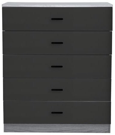 URBNLIVING 5 Drawer Wooden Bedroom Chest Cabinet Modern Wide Storage Cupboard Closet (Ash Grey Carcass + Black Drawers, 5)