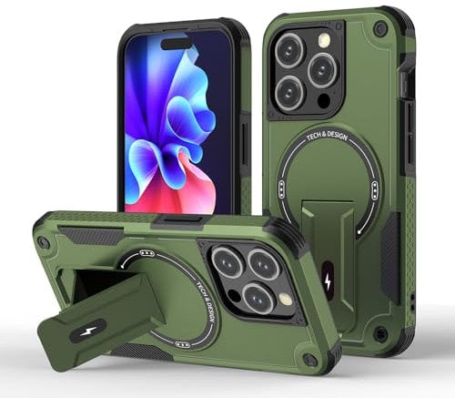 Sawiqpd iPhone 14 / iPhone 13 Case, Compatible with MagSafe, Portable Built-in Kickstand, Military Grade Protection, Army Green