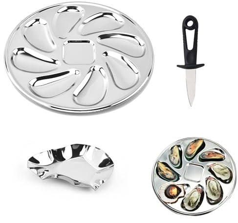 TINGWEN 3 Pièces Plateau Conteneur Huîtres Acier Inoxydable Assiettes à HuîTres en de Coquille Avec 8 fentes pour cartes et couteau à huîtres Pour les huîtres et les crustacés Fruits de mer