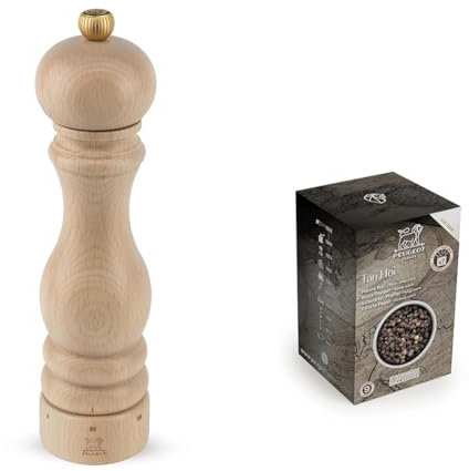 Peugeot - Paris u'Select Manual Pepper Mill - Adjustable Grinder - Beechwood, Natural, 22 cm + PEUGEOT 42400 Tan Hoi Vietnamese Black Peppercorns, 140g, Wood