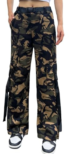 Nuofengkudu Camo Trousers Womens 4 Pockets Elasticated Waist Wide Straight Leg Loose Fit Ladies Cargo Joggers with Matching Belt Camping Costume Outfit