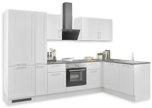 MARSEILLE Moderna cocina esquinera sin electrodomésticos en blanco, marrón metalizado, espaciosa cocina en forma de L con mucho espacio de almacenamiento, 310 x 211 x 60 cm (ancho x alto x