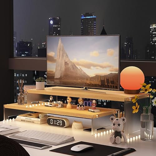 YGYQZ Desk Shelf Desk Extender Shelves,Computer Monitor Stand and Laptop Riser, Desktop Organizer for Office Accessories 2 Tier Wood Monitor Riser with Acrylic Legs Office Desk Shelf (Wood-Wavy)