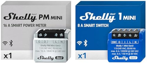 Shelly PM Mini Gen 3 | Intelligenter WLAN- und Bluetooth-Leistungsmesser 1 Kanal 16 A & 1 Mini Gen 3 | WiFi & Bluetooth Smart Switch Relais 1 Kanal 8A | Hausautomation