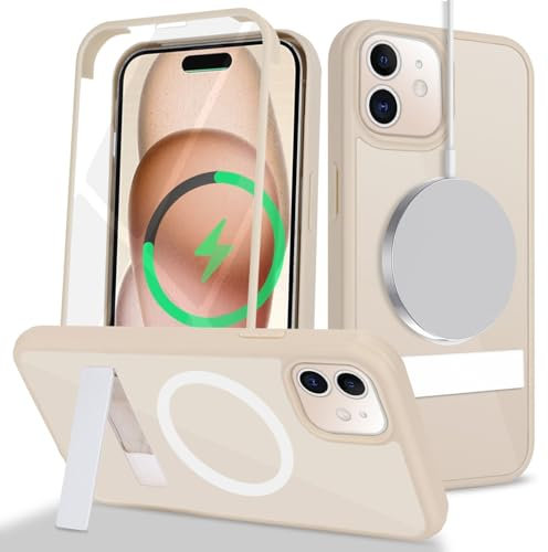 Zouzt for iPhone 12/12 Pro 6.1 Inch Case with Screen Protector, 360 Full Body with Glass Screen Protector [for Magsafe] [Shockproof] Stand Heavy Duty Protection Phone Case - White