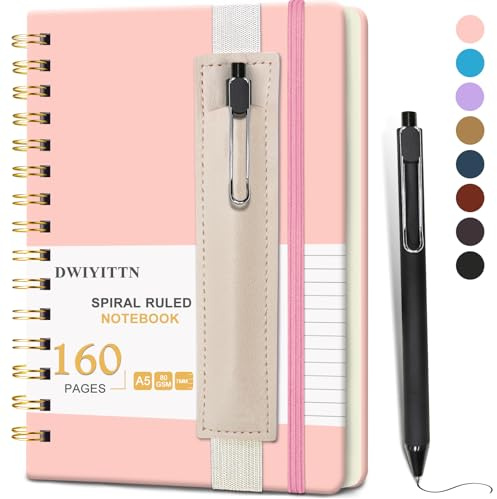 Cahier Spirale A5, Carnet de Notes avec Stylo Carnet Spirale Ligné 160 Page | Journal Couverture Rigide en Cuir Cahier de Note avec Porte-stylo Bloc-note Spirales, 14.5 x 21 cm, 80 g/m² - Rose