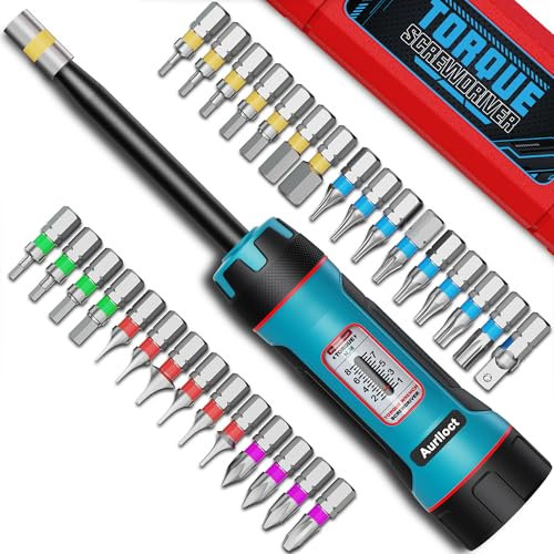 Aurlloct Juego de Destornillador Dinamometrico Largo de 1/4 pulgada, 1-8 Nm, con Puntas S2, para Reparaciones Domésticas y Mantenimiento de Bicicletas, 32 piezas