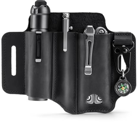 Lederscheide für EDC Organizer Leder Crazy Horse Gürtelschlaufe Multitool-Halter mit Schlüsselhalter Stifthalter Taschenlampenhalter Herren EDC Taschen（Schwarz）