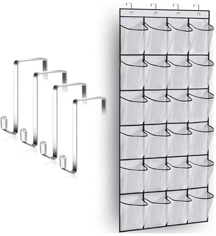 DERDOUT Over the Door Shoe Storage Organiser Hanging Shoe Rack Holder 24 Large Mesh Pockets for Wardrobe Door Tidy with Hanger