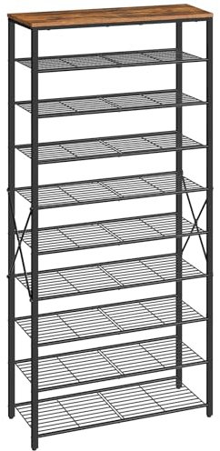 HOOBRO 10-Tier Shoe Rack, Tall Shoe Rack Storage, Large Capacity Shoe Organizer, Tall Shelf, Industrial Shoe Storage Rack, Adjustable Metal Mesh, For Entrance, Rustic Brown and Black EBF89XJ01