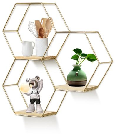 KUKKUME Hexagon Wandregal Metall 3er Set Modernes Regal Wand Deko Hängeregal Wandregale Gold Metall und Holz Schweberegal Pflanzenregal für Schlafzimmer Wohnzimmer Küche Bad Flur und Büro