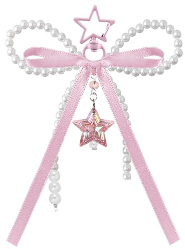 Rosa Stern Bänder Perle Schleife Schlüsselanhänger Damen Schlüsselringe Schlüsselbund Charms Anhänger Doppel Schleifen Taschenanhänger Handyanhänger Autoschlüsselanhänger Accessoires Bow Keychain