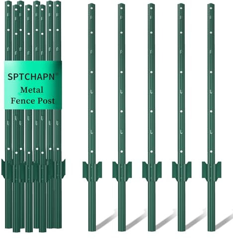 sptchapn 46.8 Inch Sturdy and Durable Metal Fence Post, Pack of 10 for Garden Patio and Outdoor Wire U-Shaped Fence Post Green T-Posts (10)