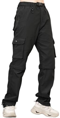 GAUASUIM Damen Wanderhose Zip Off Hose Outdoorhose Schnelltrocknend Trekkinghose Abnehmbare Hosenbeine Shorts Atmungsaktiv Cargohose Sommer Hiking Pants Funktionshose mit Gürtel 6 Taschen Schwarz L