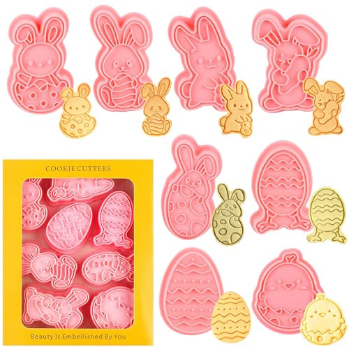 LOMIMOS 8 Stück Keksform aus Kunststoff, Ostern, 3D Tiere, Keksform, Ostern, Ausstechform, Hasen, Ei, DIY, Dekoration, Kuchen, Fondant, Kekse, Ostern