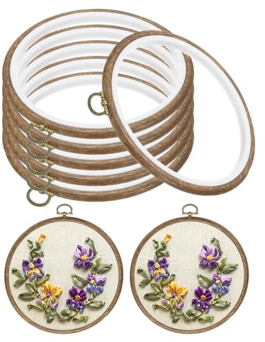 PATIKIL 15 cm broderiring, 6 st korsstygnsring gummi imiterad trä cirkel ram ring för broderi konst hantverk sömnad prydnader hängande dekoration