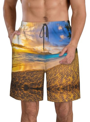 Pantaloncini da spiaggia da uomo con stampa di palme hawaiane, alla moda, per nuoto e attività all'aperto, bianco, M