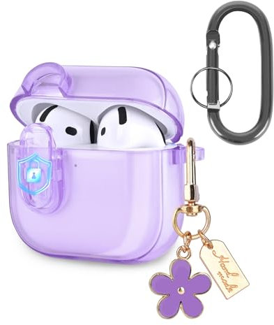 Newseego Clear Case Compatible for AirPods 4 with Secure Lock, Transparent Cover with Cute Flower Keychain for Girls Women Full Body Shockproof Protective Cover for AirPods 4th Generation 2024-Purple