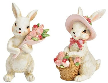 Generisch 2er Set Häschen mit Tulpen, Hase weiß rosa, Osterhasen Hasen mit Hut und Korb - 12 cm hoch Deko Frühling Ostern Osterdeko