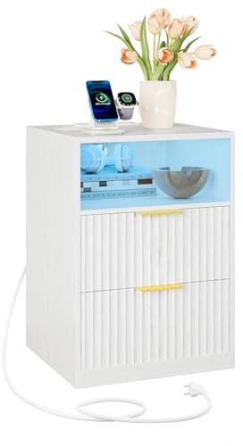 IRONCK Nachttisch mit LED-Licht & Ladefunktion, Nachtschrank mit 2 Schubladen und 1 Offenes Fach, Beistelltisch mit USB+Typ-C Anschlussen, Sofatisch für Wohnzimmer Schlafzimmer, Weiß