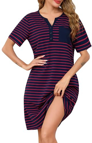 Lovasy Nachthemd Damen Baumwolle Kurzarm mit Knopfleiste | Gestreift Nachtkleid Damen Sommer Knielanges Bequemes Lockeres Geburts‑ & Schlafshirt mit Taschen