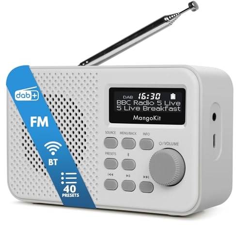 MangoKit MD2 Plus Radio Dab, Altavoz Bluetooth, Portátil, Gris Piedra | Red o 4 pilas AA, 40 presintonías, doble alarma, repetición, temporizador de sueño, auriculares, antena telescópica, compacta