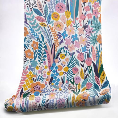 Neukids Blumen Tapete Selbstklebende,Blaue Bunte Blumen Klebefolie,2 Rollen | Für Schrank Möbelfolie Selbstklebend, Klebefolie Küche Schlafzimmer Wohnzimmer Tapete Selbstklebende,40x250cm