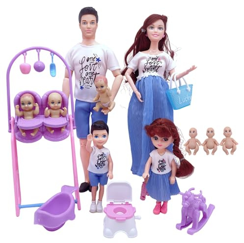 Takingup Jouets de poupée pour bébé, Ensemble de poupée Enceinte avec bébé dans Le Ventre, Papa et 5 Enfants – Ensemble mère en Toute sécurité avec 7 Personnes et Accessoires Maison pour Faire