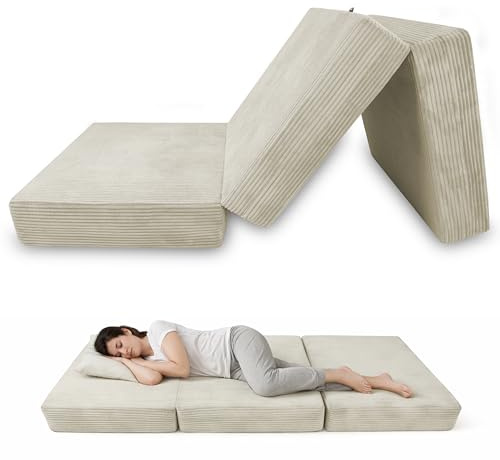 POKAR Klappmatratze 140x195x15 cm aus Cord | 3-teilige Faltmatratze als Gästebett | Faltbare Matratze für Gäste und Camping | Extra Dicke Schaumstoffmatratze | Oeko-TEX | Made in EU | Elfenbein