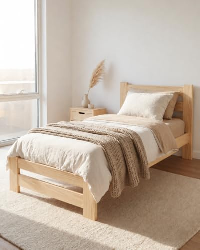 EcoBeds EKO Holzbett 100x200 cm Kiefer Massivholz bis 150 kg | Natur Lackiert - Einzelbett, Bettgestell mit Lattenrost und Stauraum, für Erwachsene, robust, einfache Montage