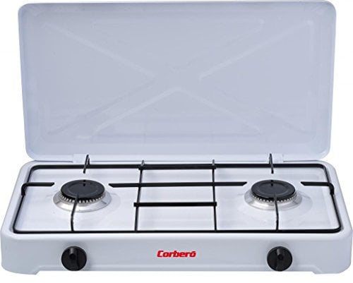 Corberó - Hornillos Sobremesa | CHOR200 | 2 Zonas de Gas | Potencia Máxima 1,7-4,4 kW | Fácil de Limpiar | Diseño Elegante | Compacto y Funcional, 90 x 61 x 37 cm, Blanco, Hierro Fundido