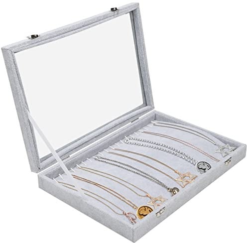 BELLE VOUS Schmuck Aufbewahrung mit 20 Haken & Abschließbaren Glasdeckel, Stapelbare Schmuckaufbewahrung Grau Samt Schmuckkästchen für Ketten, Armband Aufbewahrung & Schmuckaufbewahrung Ohrringe