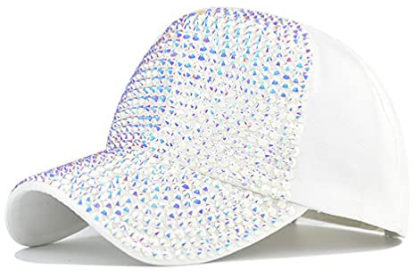 Gudessly Damen Baseballkappe mit Nieten und Strasssteinen, verstellbar, einfarbig, glitzernd, Denim, Sonnenhut, Ab White Cap, 7-7 1/2