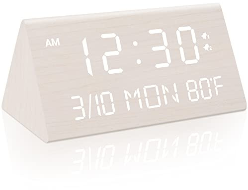 Kogonee Wooden Digital Alarm Clock, 0-100% Dimmer, 2 Alarm Settings, Weekday/Everyday Mode, 9 Mins Snooze, 12/24H, Temperature and Date Display for Office, Travel, Bedroom Alarm Clock (White)