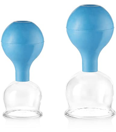 Pulox Schröpfgläser Set aus Echtglas mit Saugball - 2x Medizinisches Schröpfglas in Blau - 52mm, 62mm