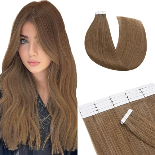 SEGO Echthaar Tape in Extensions Haarverlängerung Invisible Seamless Haarteile Skin Weft Menschenhaarverlängerung Klebestreifen Hellbraun#6 40 cm (20 Stück)